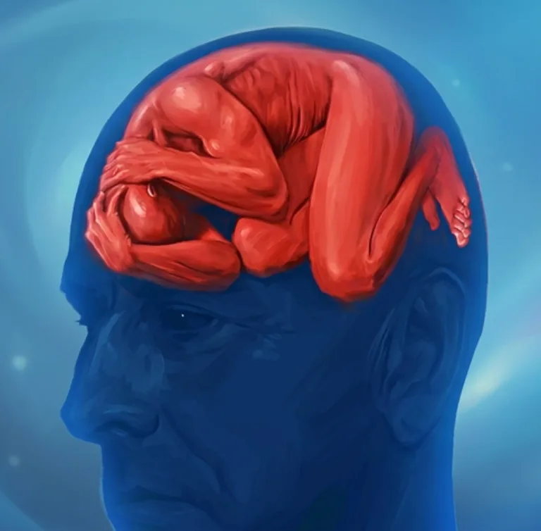 Ilustração de cabeça azul com figura humana encolhida em posição fetal no lugar do cérebro, representando bloqueios emocionais