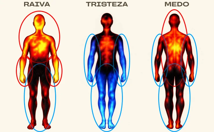 Três silhuetas de corpo mostrando mapas de calor para raiva, tristeza e medo, cada uma com anéis destacando as regiões de tensão