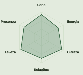 Gráfico radar mostrando as seis áreas da vida (sono, energia, clareza, relações, leveza, presença) expandidas quando o corpo está regulado
