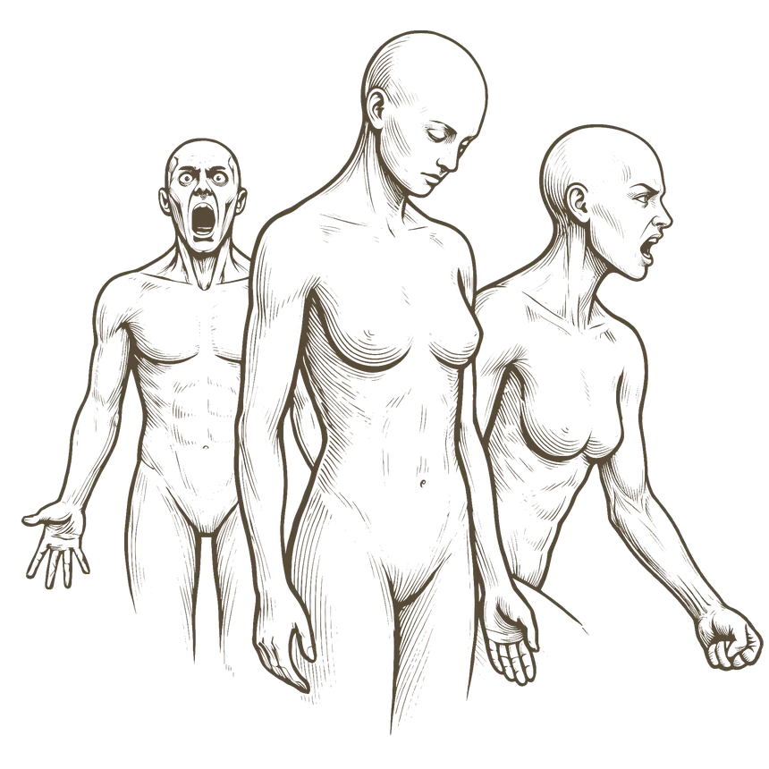 Ilustração de três figuras humanas em estilo anatômico expressando emoções intensas