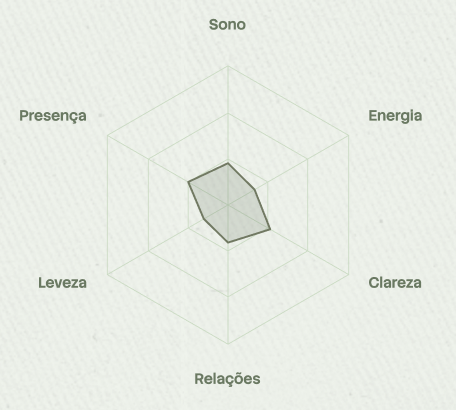 Gráfico radar com seis áreas da vida (sono, energia, clareza, relações, leveza, presença) encolhidas pelo acúmulo emocional
