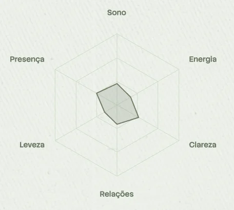 Gráfico radar com seis áreas da vida (sono, energia, clareza, relações, leveza, presença) encolhidas pelo acúmulo emocional
